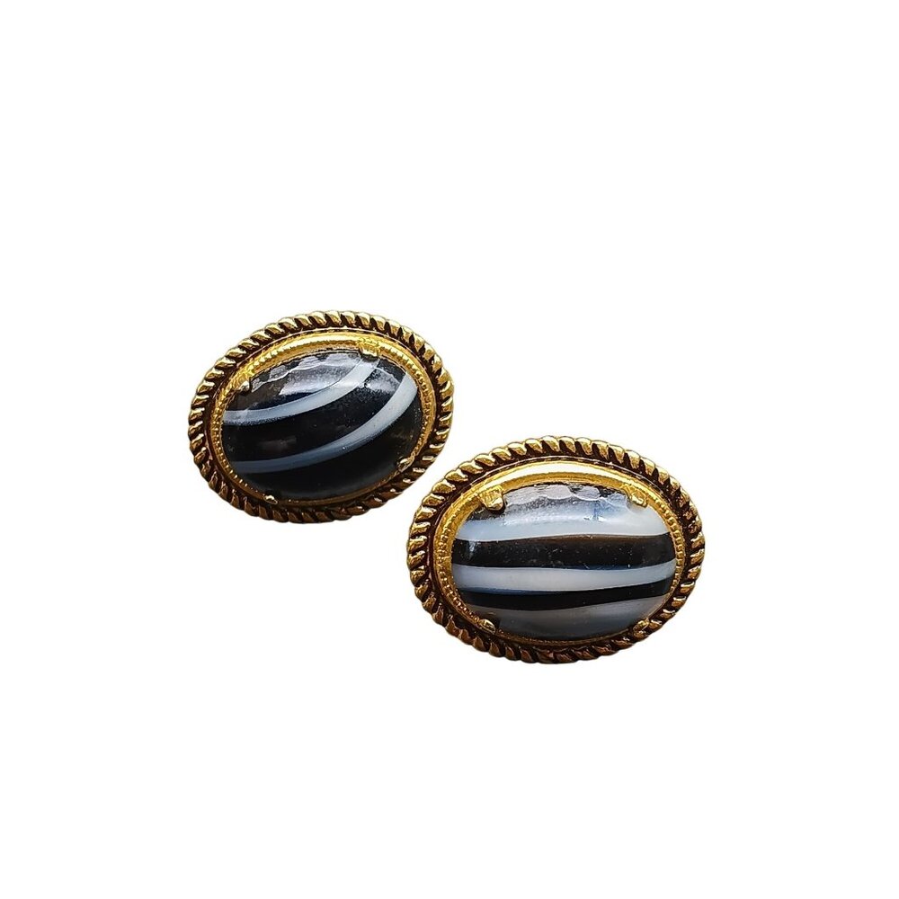 Vintage Gold-Tone Screw Back Earrings with Striped Black & White Art Glass Caboc
